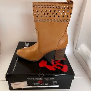 NEW IN BOX NOMAD WOMEN’S FAUX TAN BOBBI BOOT SIZE 8 HEELS 3”, BOOTS 10”HIGH